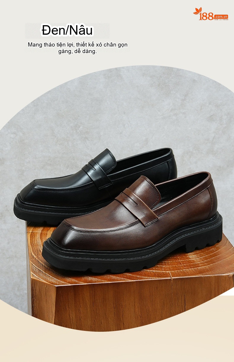 Giày Lười Nam Da Thật Đế Dày Chiều Cao Đế Khoảng 4cm Màu Đen, Nâu chi tiết 3