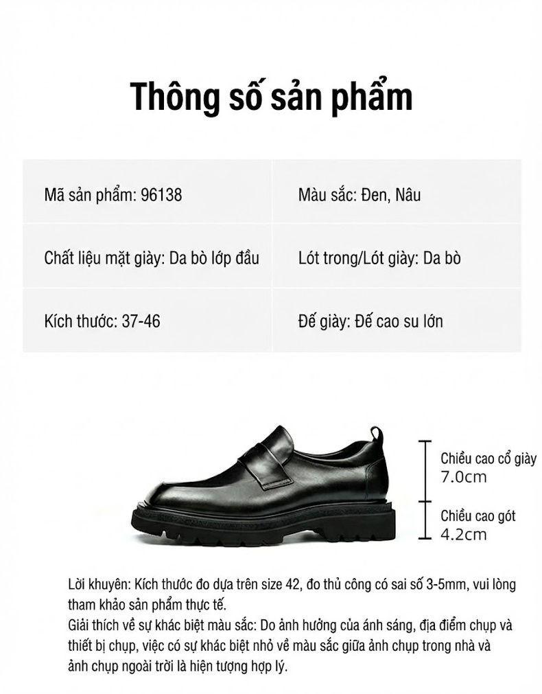 Giày Lười Nam Da Thật Đế Dày Chiều Cao Đế Khoảng 4cm Màu Đen, Nâu chi tiết 2