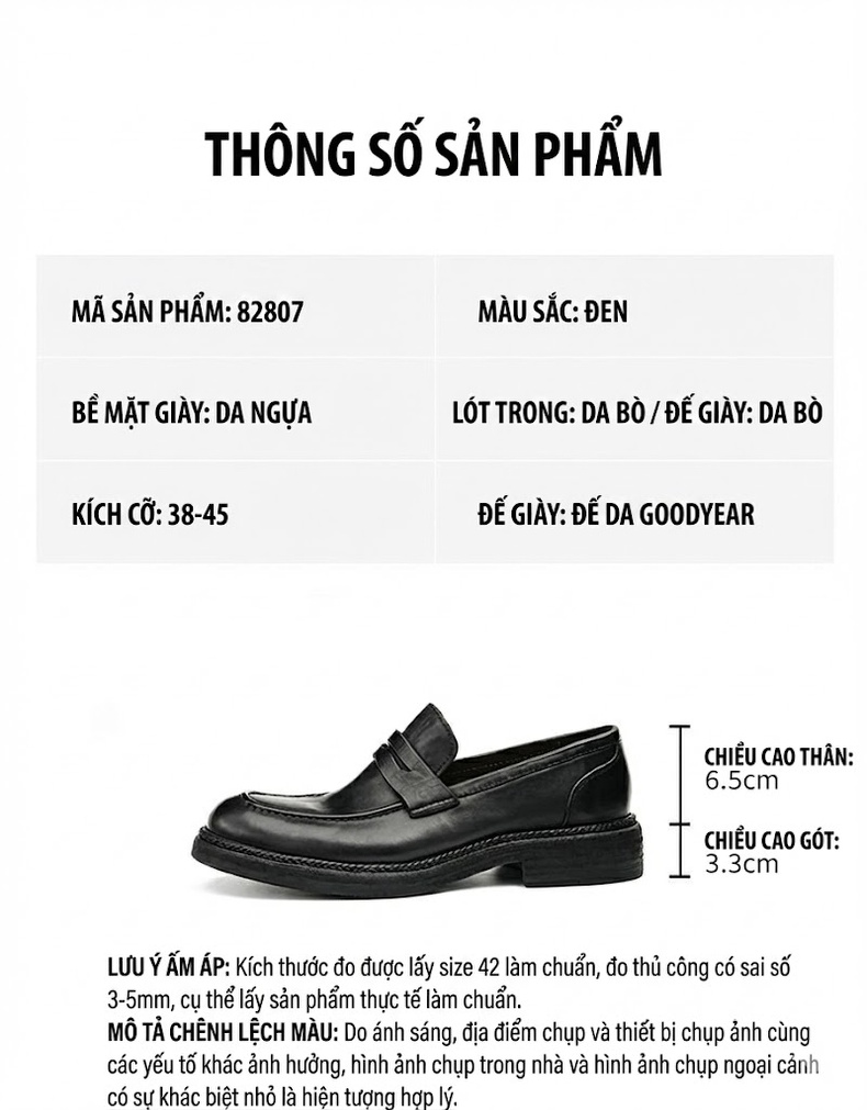 Giày Lười Nam Da Thật Goodyear Đế Dày Chiều Cao Đế Khoảng 3cm Màu Đen, Nâu chi tiết 3