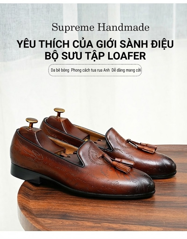 Giày Lười Nam Da Thật Khắc Hoa Văn Chiều Cao Đế Khoảng 2.5cm Màu Nâu, Đen chi tiết 2