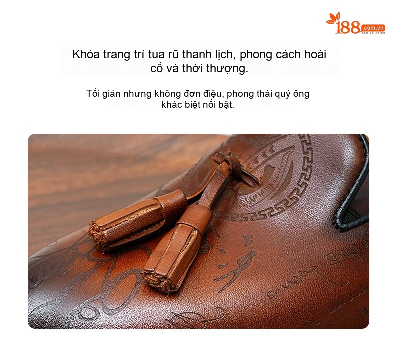 Giày Lười Nam Da Thật Khắc Hoa Văn Chiều Cao Đế Khoảng 2.5cm Màu Nâu, Đen chi tiết 3