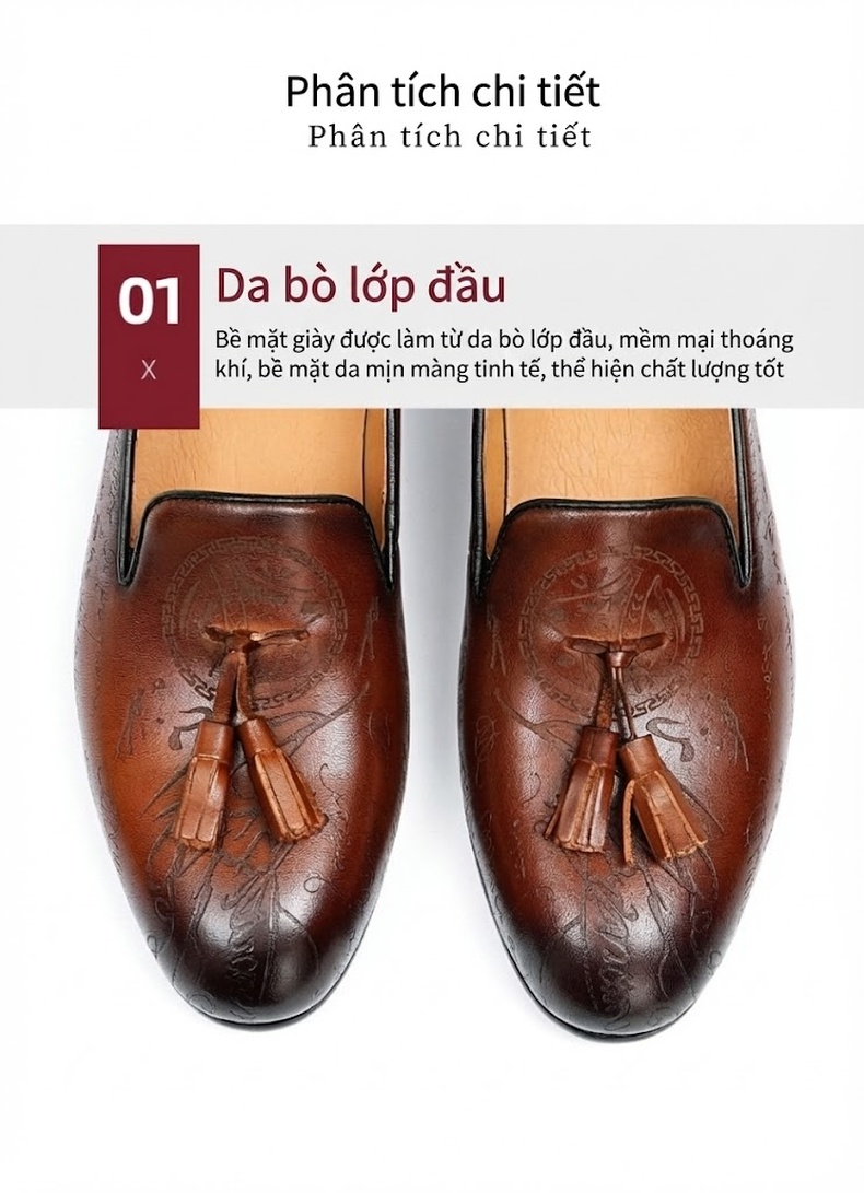 Giày Lười Nam Da Thật Khắc Hoa Văn Chiều Cao Đế Khoảng 2.5cm Màu Nâu, Đen chi tiết 5