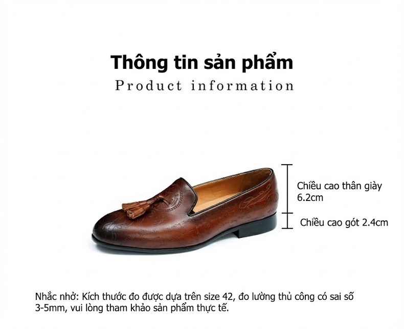 Giày Lười Nam Da Thật Khắc Hoa Văn Chiều Cao Đế Khoảng 2.5cm Màu Nâu, Đen chi tiết 8
