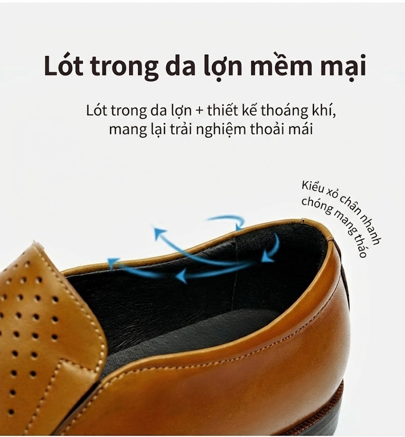 Giày Lười Nam Da Thật Lỗ Thoáng Khí Chiều Cao Đế Khoảng 2.5cm Màu Đen, Nâu chi tiết 9