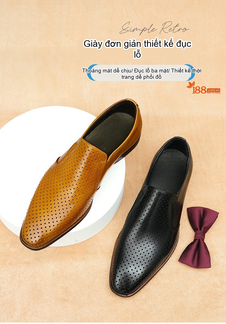 Giày Lười Nam Da Thật Lỗ Thoáng Khí Chiều Cao Đế Khoảng 2.5cm Màu Đen, Nâu chi tiết 1