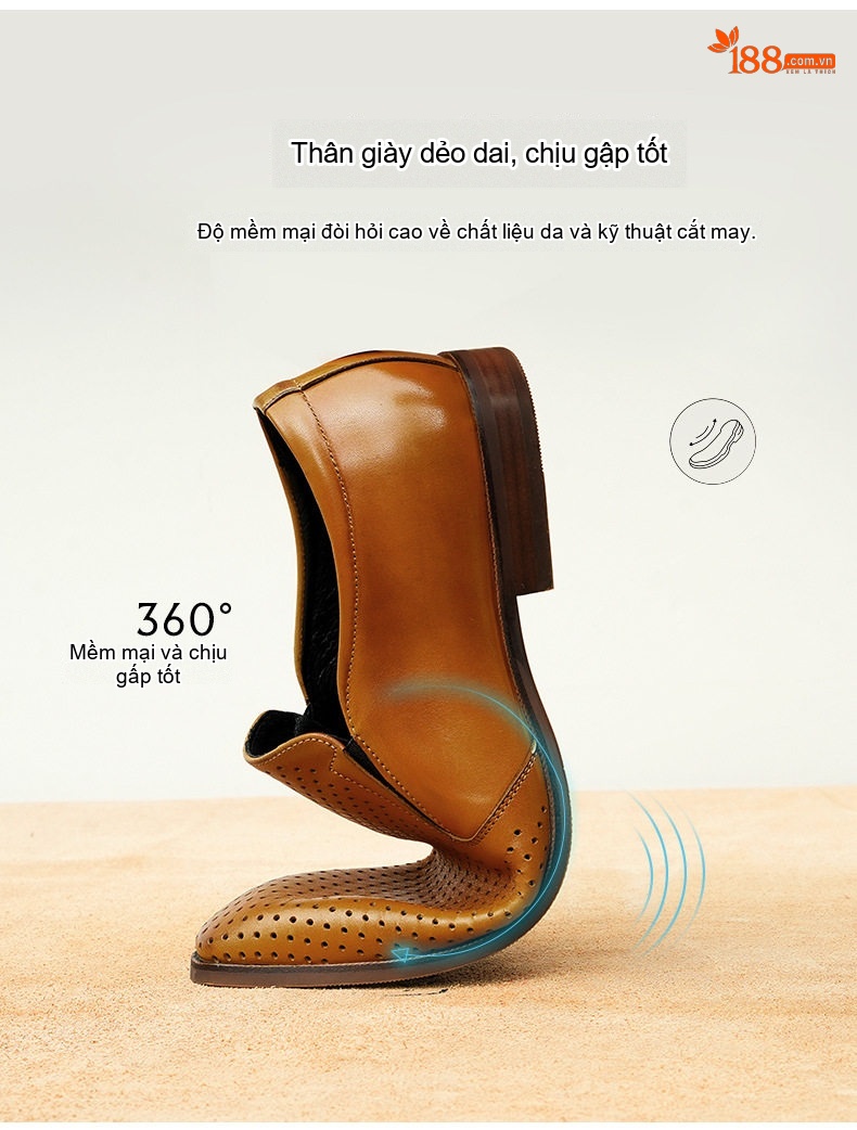 Giày Lười Nam Da Thật Lỗ Thoáng Khí Chiều Cao Đế Khoảng 2.5cm Màu Đen, Nâu chi tiết 5