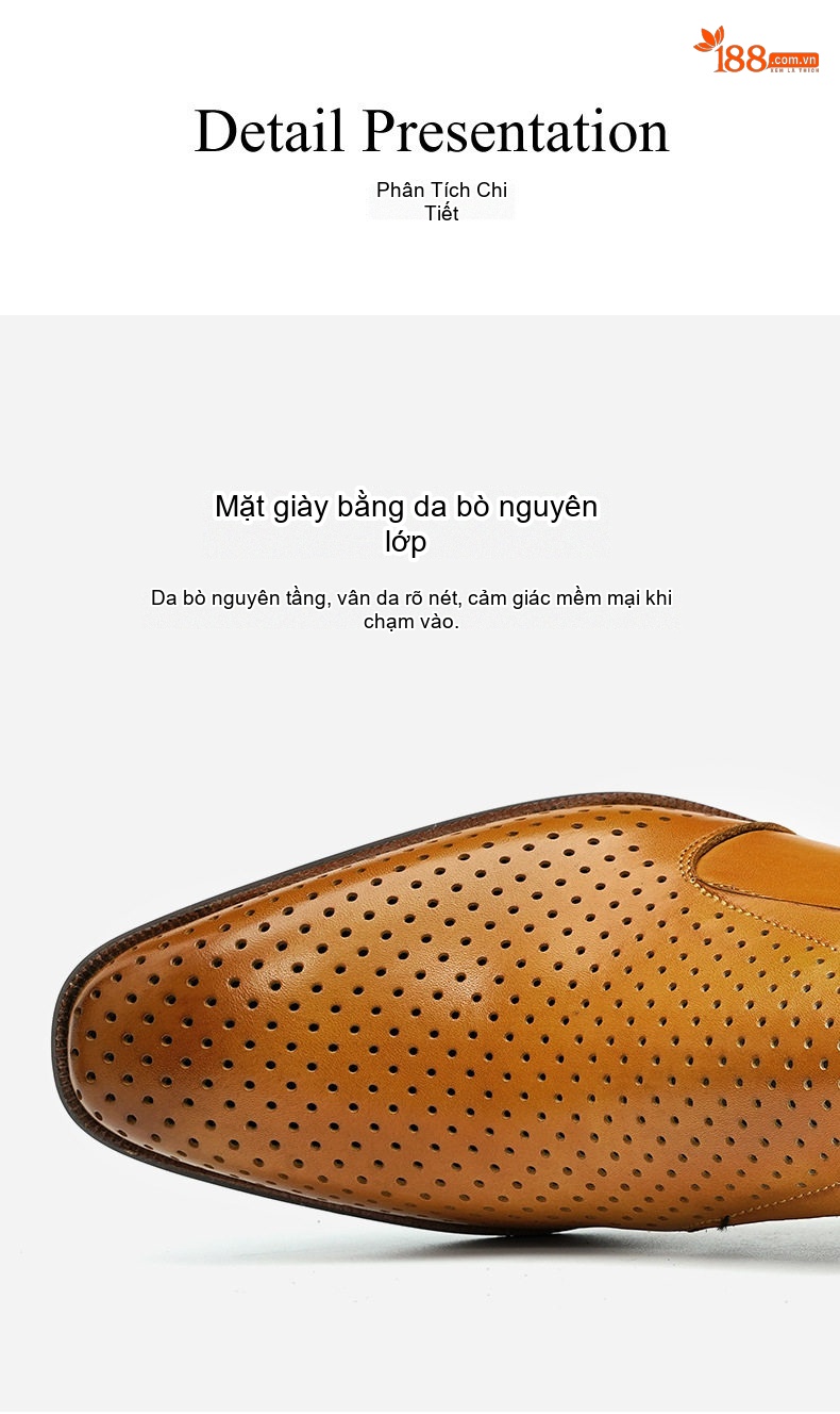 Giày Lười Nam Da Thật Lỗ Thoáng Khí Chiều Cao Đế Khoảng 2.5cm Màu Đen, Nâu chi tiết 8