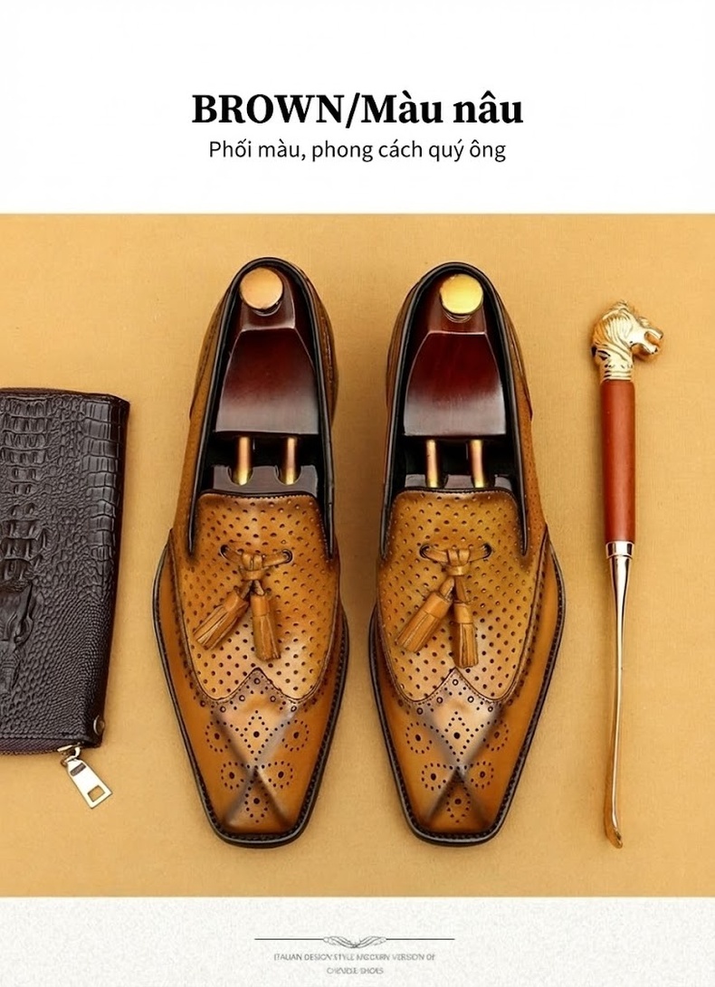 Giày Lười Nam Da Thật Lỗ Thoáng Khí Chiều Cao Đế Khoảng 3cm Màu Đen, Nâu chi tiết 12