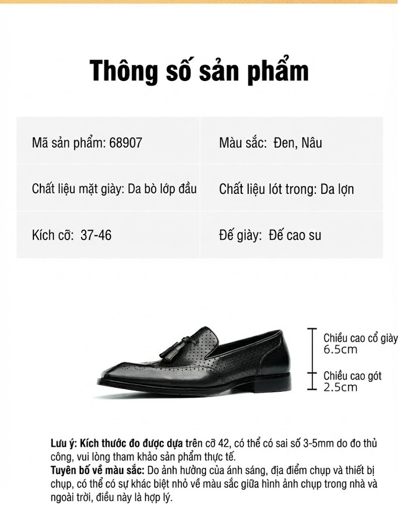 Giày Lười Nam Da Thật Lỗ Thoáng Khí Chiều Cao Đế Khoảng 3cm Màu Đen, Nâu chi tiết 2