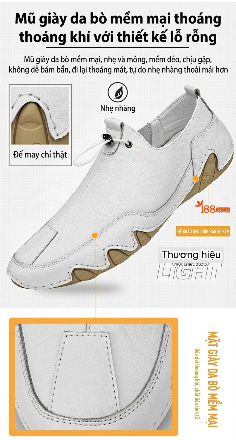 Giày Lười Nam Da Thật Mềm Mại Chiều Cao Đế Khoảng 2cm Màu Đen, Trắng chi tiết 8