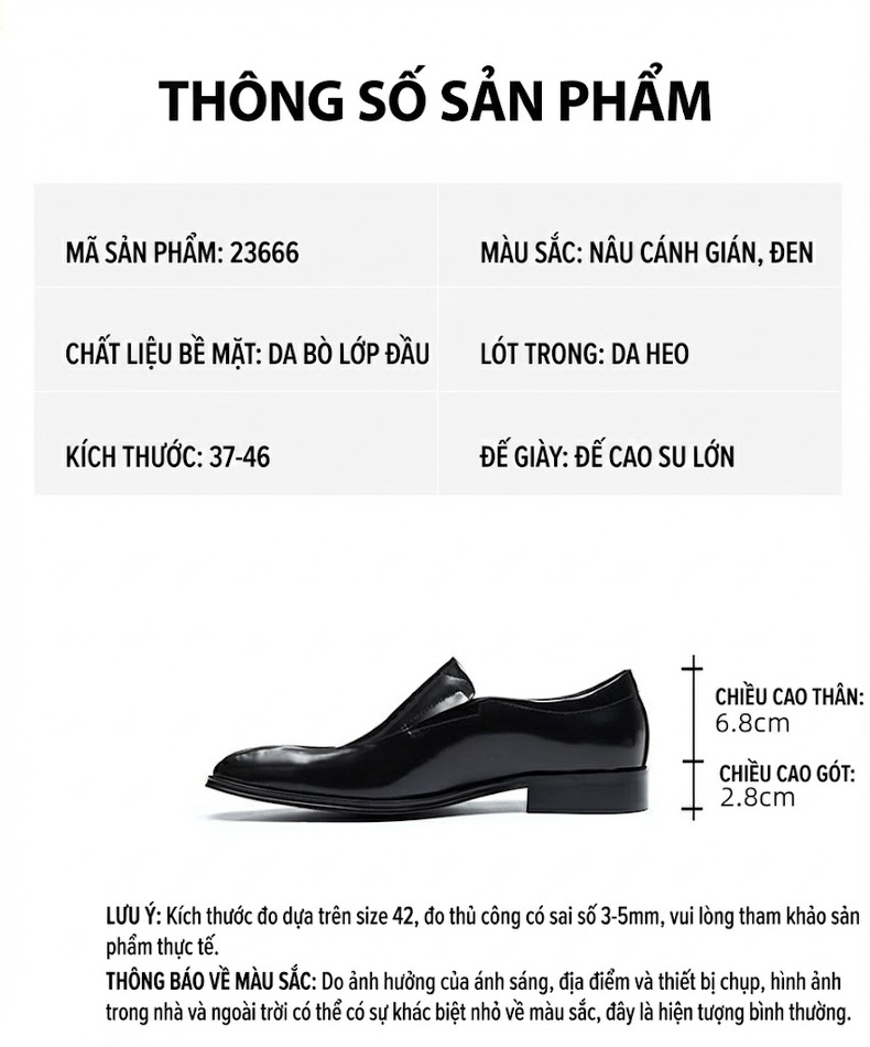 Giày Lười Nam Da Thật Mũi Nhọn Chiều Cao Đế Khoảng 3cm Màu Đen, Nâu chi tiết 2