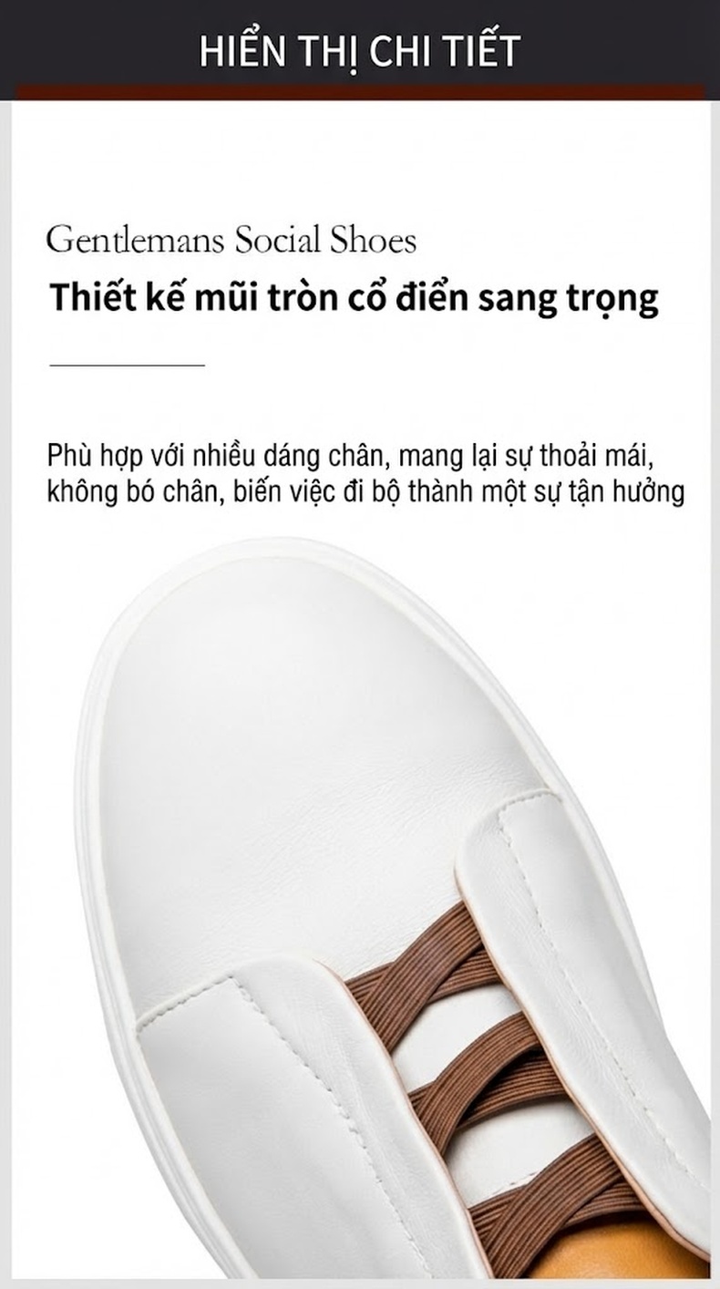 Giày Lười Nam Da Thật Mũi Tròn Chiều Cao Đế Khoảng 3cm Màu Trắng, Nâu, Đen chi tiết 8