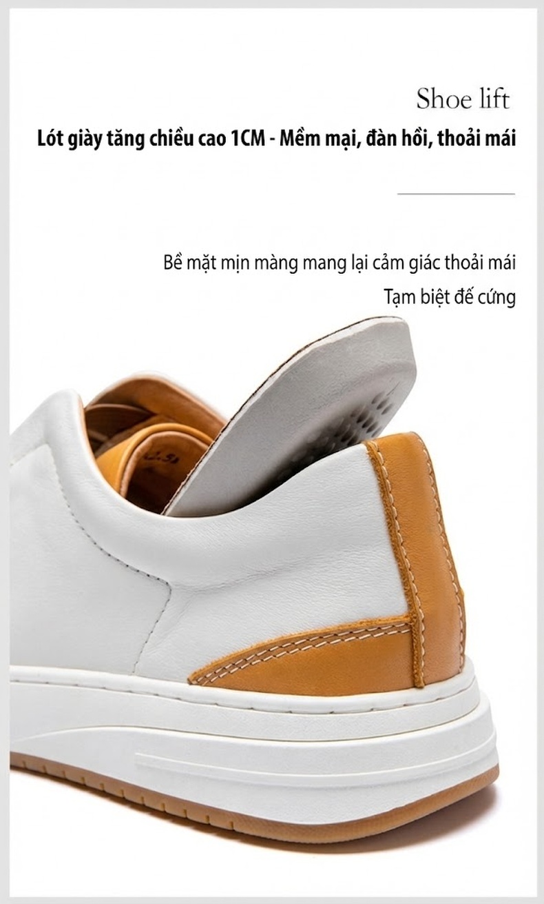 Giày Lười Nam Da Thật Mũi Tròn Chiều Cao Đế Khoảng 3cm Màu Trắng, Nâu, Đen chi tiết 10