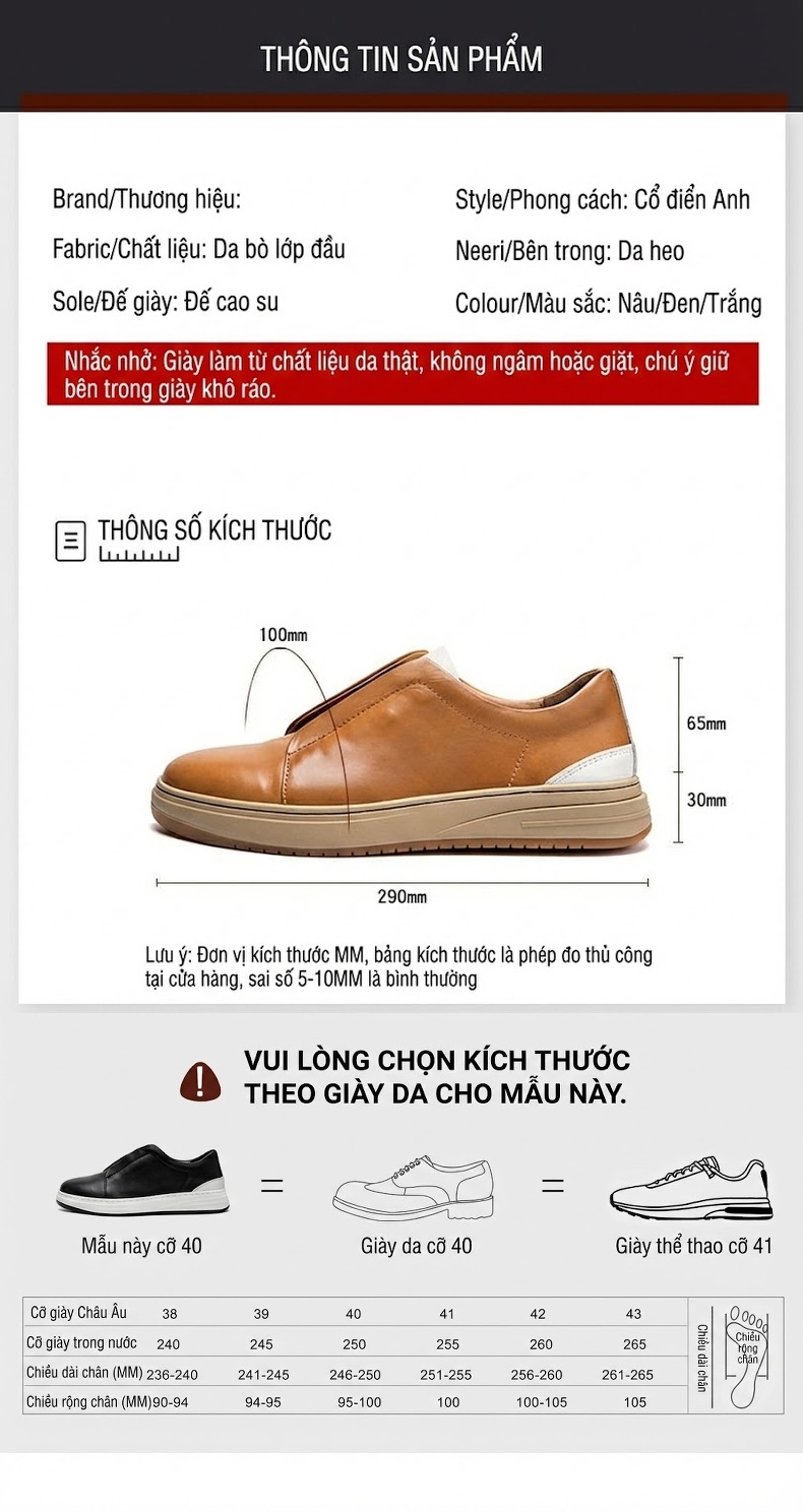 Giày Lười Nam Da Thật Mũi Tròn Chiều Cao Đế Khoảng 3cm Màu Trắng, Nâu, Đen chi tiết 7