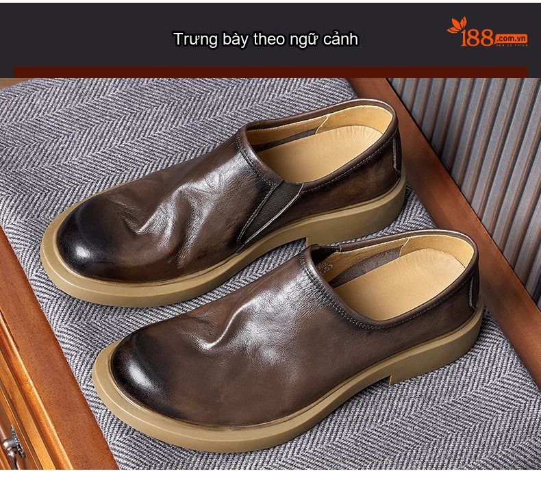 Giày Lười Nam Da Thật Mũi Tròn Chiều Cao Đế Khoảng 3cm Phong Cách Anh Màu Đen, Nâu chi tiết 6