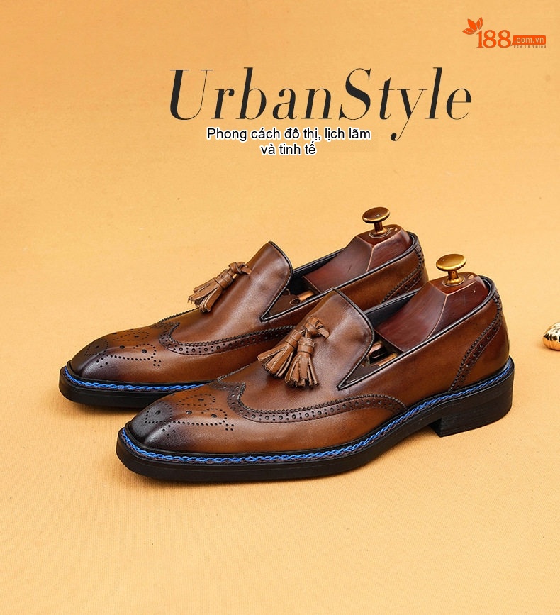 Giày Lười Nam Da Thật Mũi Vuông Brogue Chiều Cao Đế Khoảng 3cm Màu Đen, Nâu chi tiết 1