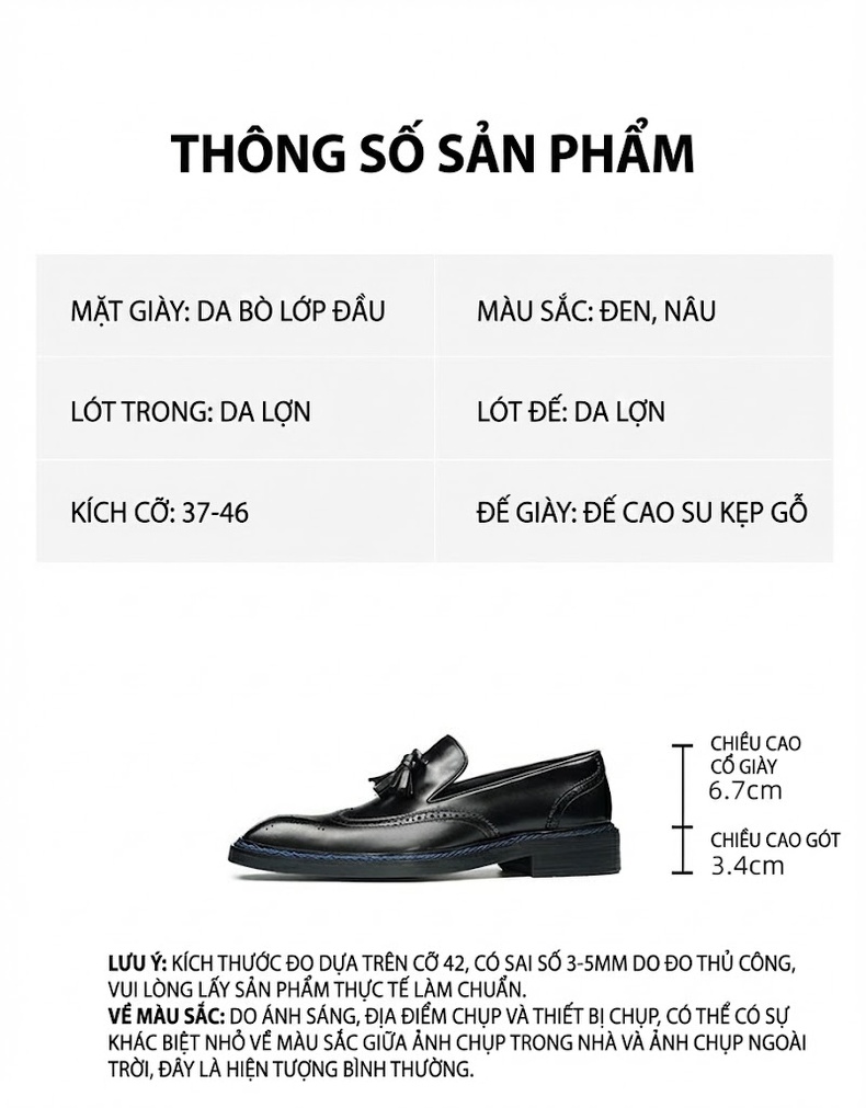 Giày Lười Nam Da Thật Mũi Vuông Brogue Chiều Cao Đế Khoảng 3cm Màu Đen, Nâu chi tiết 2