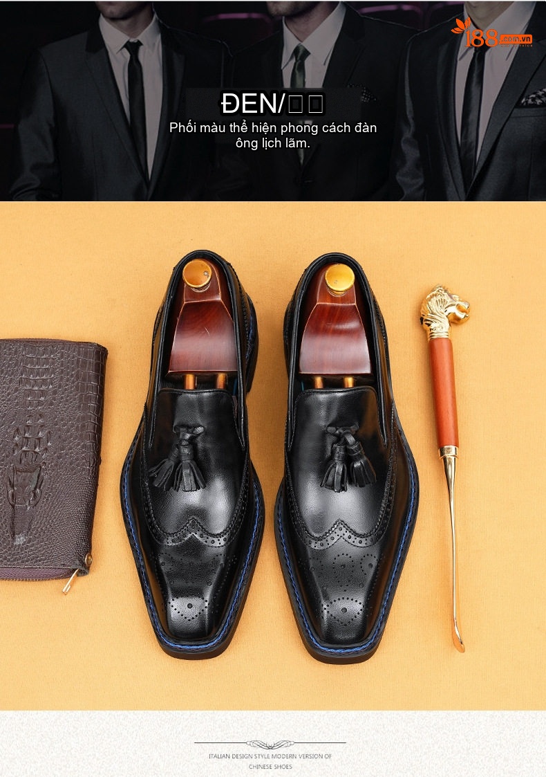 Giày Lười Nam Da Thật Mũi Vuông Brogue Chiều Cao Đế Khoảng 3cm Màu Đen, Nâu chi tiết 4