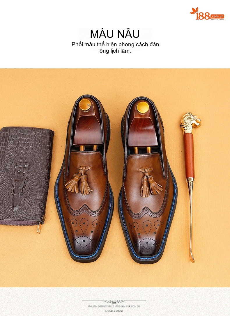 Giày Lười Nam Da Thật Mũi Vuông Brogue Chiều Cao Đế Khoảng 3cm Màu Đen, Nâu chi tiết 12