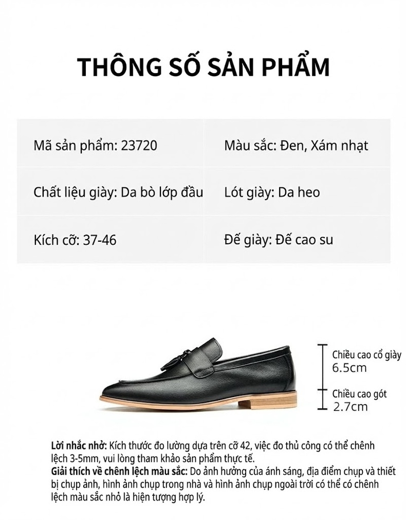Giày Lười Nam Da Thật Phong Cách Anh Chiều Cao Đế Khoảng 2cm Màu Đen, Xám chi tiết 2