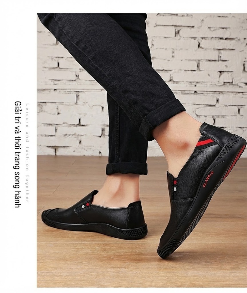 Giày Lười Nam Da Thật Thoáng Khí Chiều Cao Đế Khoảng 3cm Màu Nâu, Đen chi tiết 14