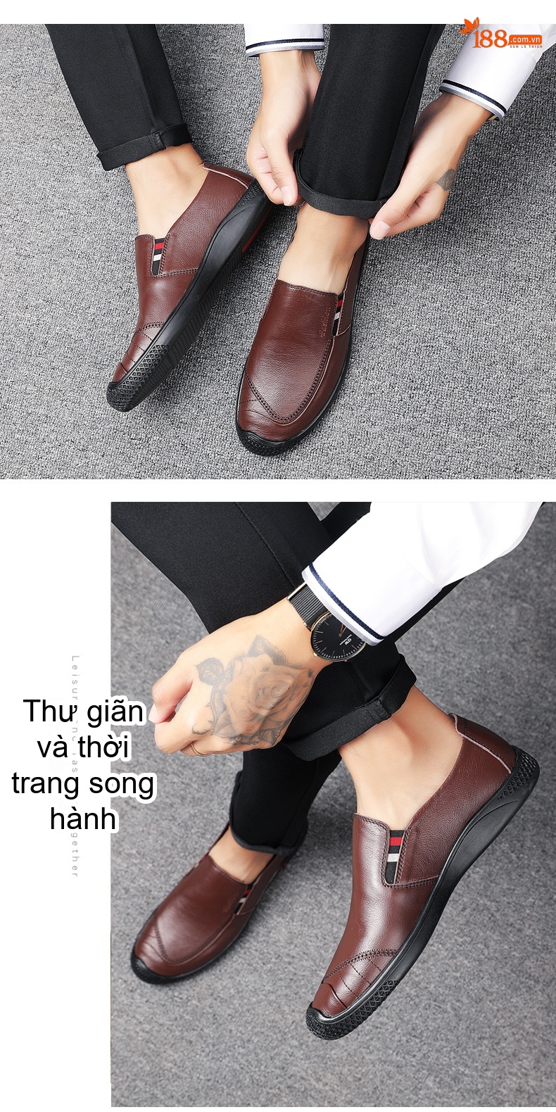 Giày Lười Nam Da Thật Thoáng Khí Chiều Cao Đế Khoảng 3cm Màu Nâu, Đen chi tiết 18