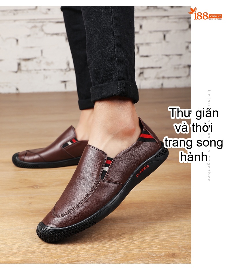 Giày Lười Nam Da Thật Thoáng Khí Chiều Cao Đế Khoảng 3cm Màu Nâu, Đen chi tiết 19