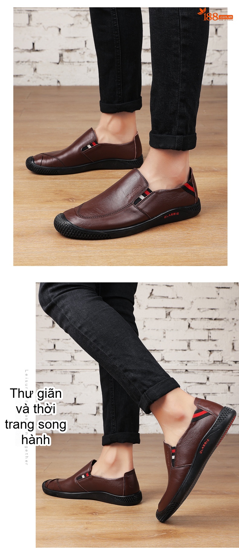 Giày Lười Nam Da Thật Thoáng Khí Chiều Cao Đế Khoảng 3cm Màu Nâu, Đen chi tiết 20