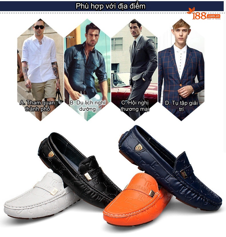 Giày Lười Nam Da Thật Thời Trang Chiều Cao Đế Khoảng 2cm Màu Đen, Trắng, Xanh Navy chi tiết 36