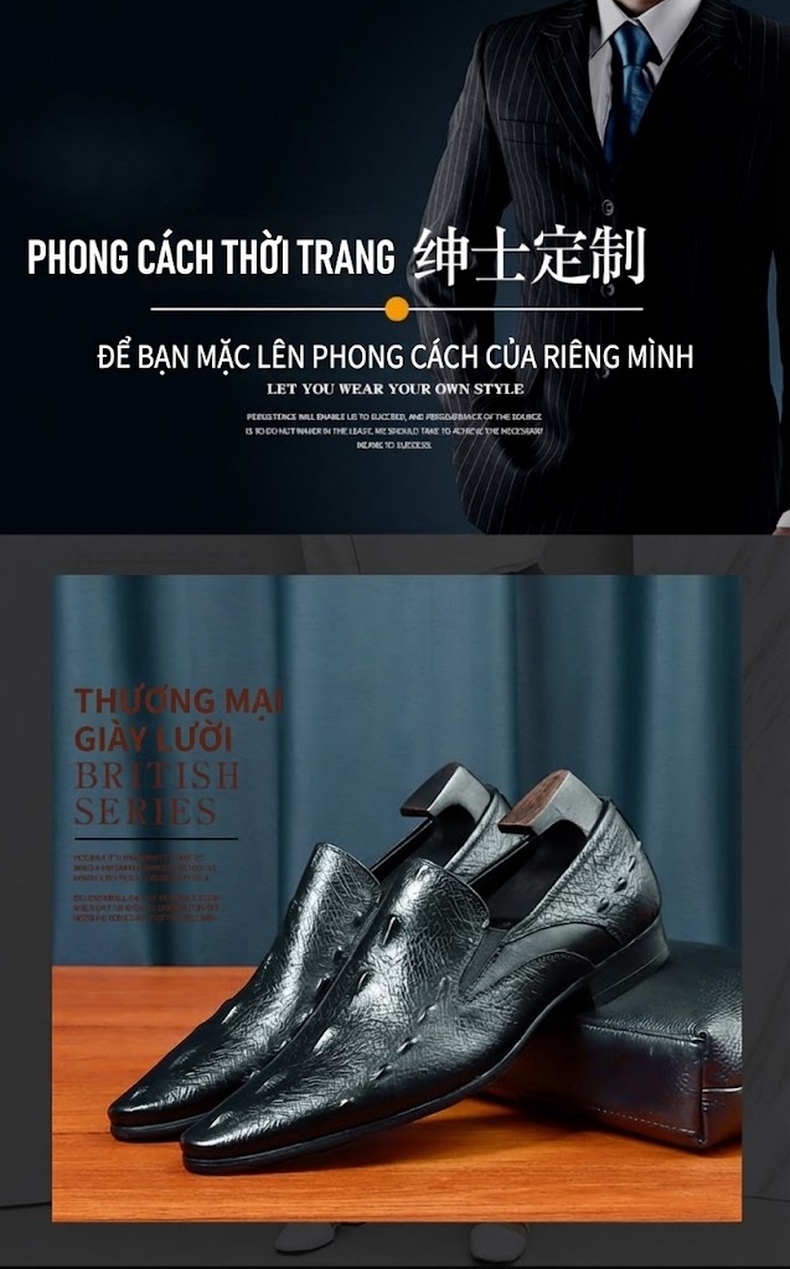 Giày Lười Nam Da Thật Vân Cá Sấu Chiều Cao Đế Khoảng 3cm Màu Đen, Nâu chi tiết 1