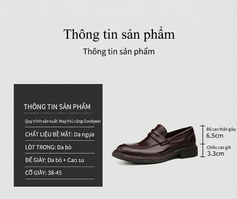 Giày Lười Nam Goodyear Da Ngựa Thật Phong Cách Anh Chiều Cao Đế Khoảng 3cm Màu Đen, Nâu Đỏ chi tiết 16