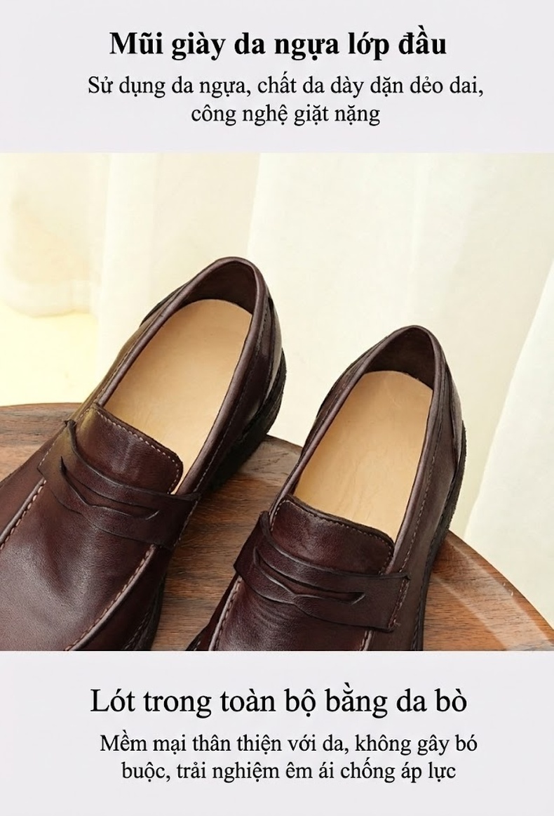 Giày Lười Nam Goodyear Da Ngựa Thật Phong Cách Anh Chiều Cao Đế Khoảng 3cm Màu Đen, Nâu Đỏ chi tiết 20