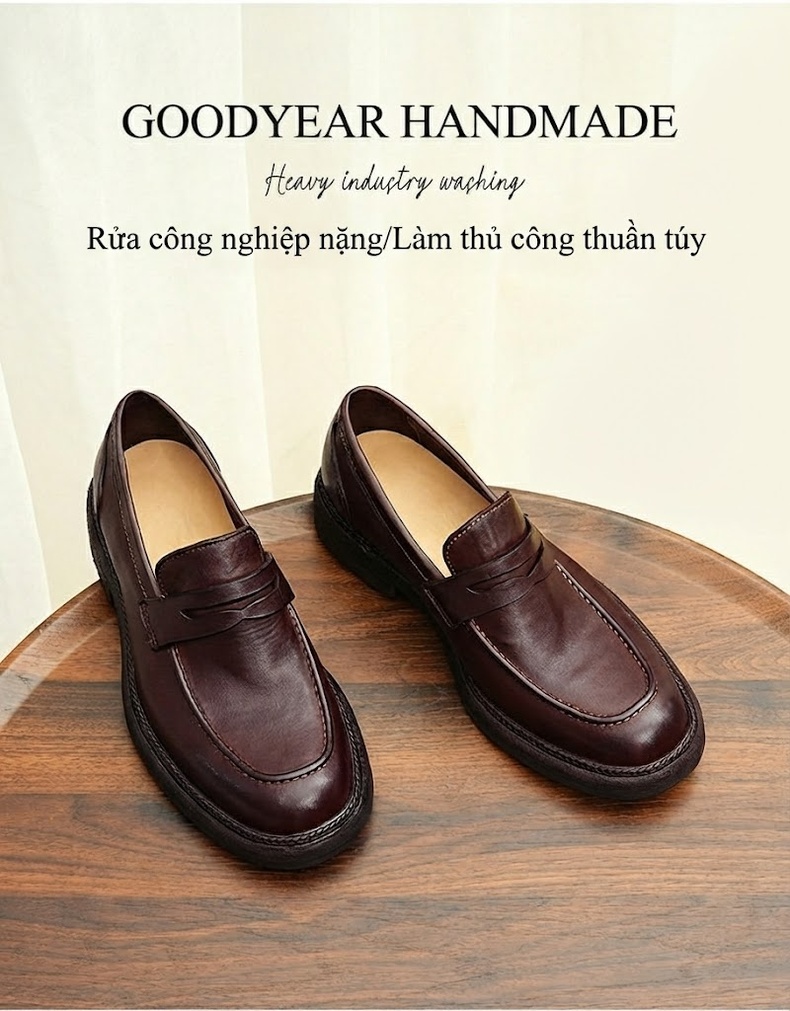 Giày Lười Nam Goodyear Da Ngựa Thật Phong Cách Anh Chiều Cao Đế Khoảng 3cm Màu Đen, Nâu Đỏ chi tiết 14