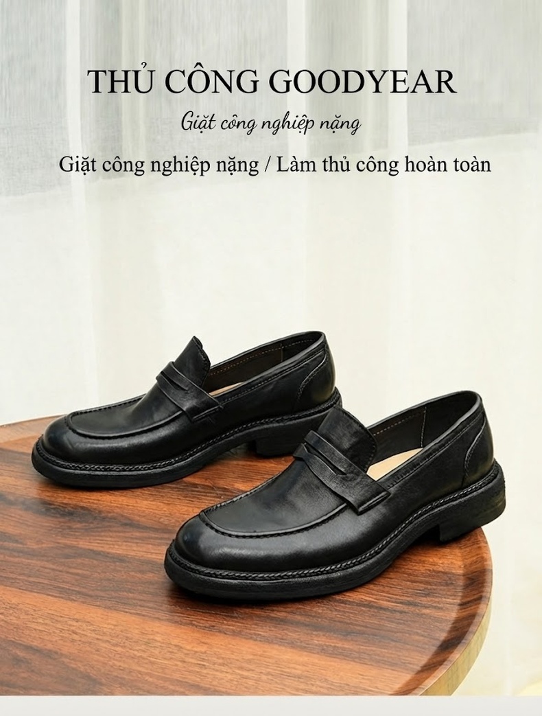 Giày Lười Nam Goodyear Da Ngựa Thật Phong Cách Anh Chiều Cao Đế Khoảng 3cm Màu Đen, Nâu Đỏ chi tiết 1