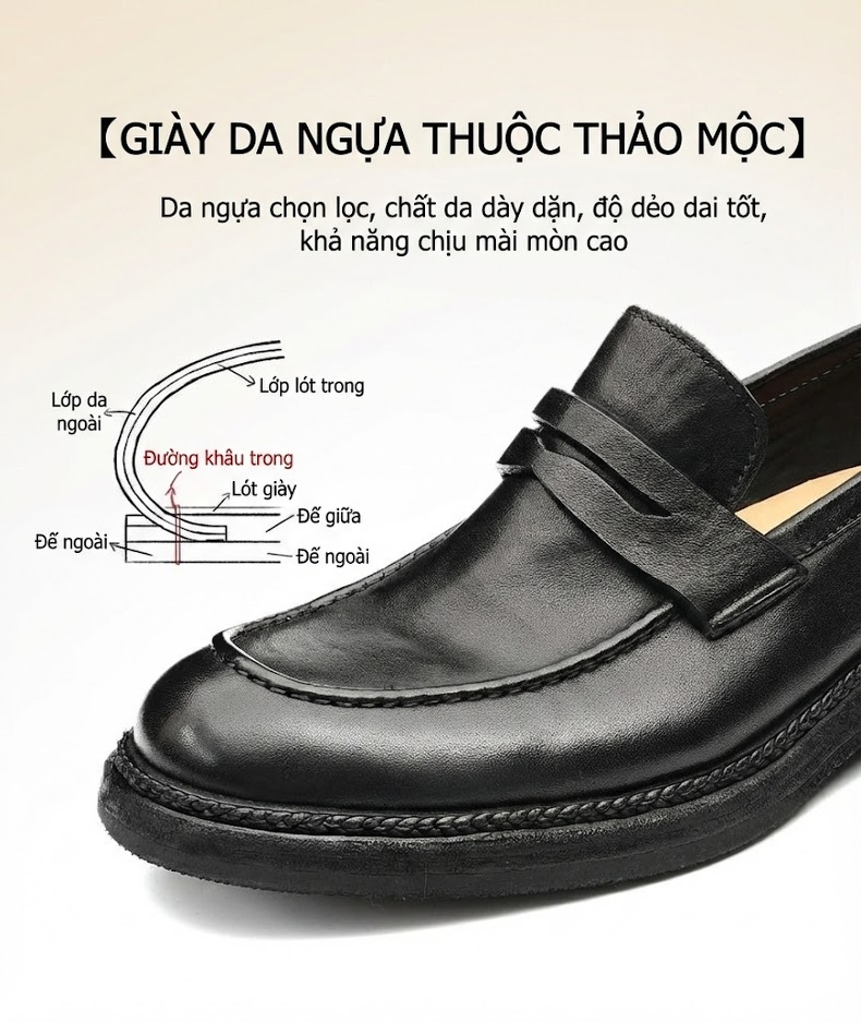 Giày Lười Nam Goodyear Da Ngựa Thật Phong Cách Anh Chiều Cao Đế Khoảng 3cm Màu Đen, Nâu Đỏ chi tiết 4