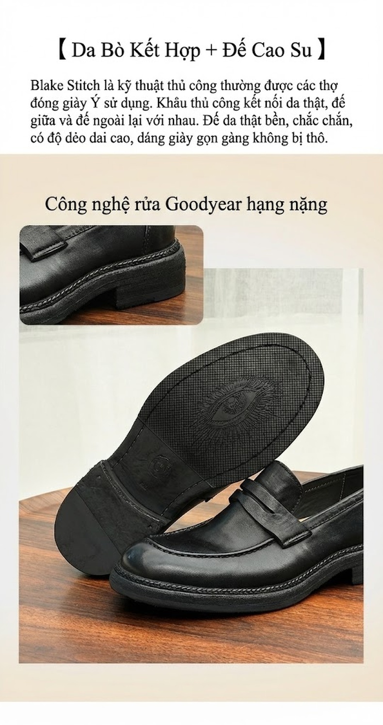 Giày Lười Nam Goodyear Da Ngựa Thật Phong Cách Anh Chiều Cao Đế Khoảng 3cm Màu Đen, Nâu Đỏ chi tiết 7