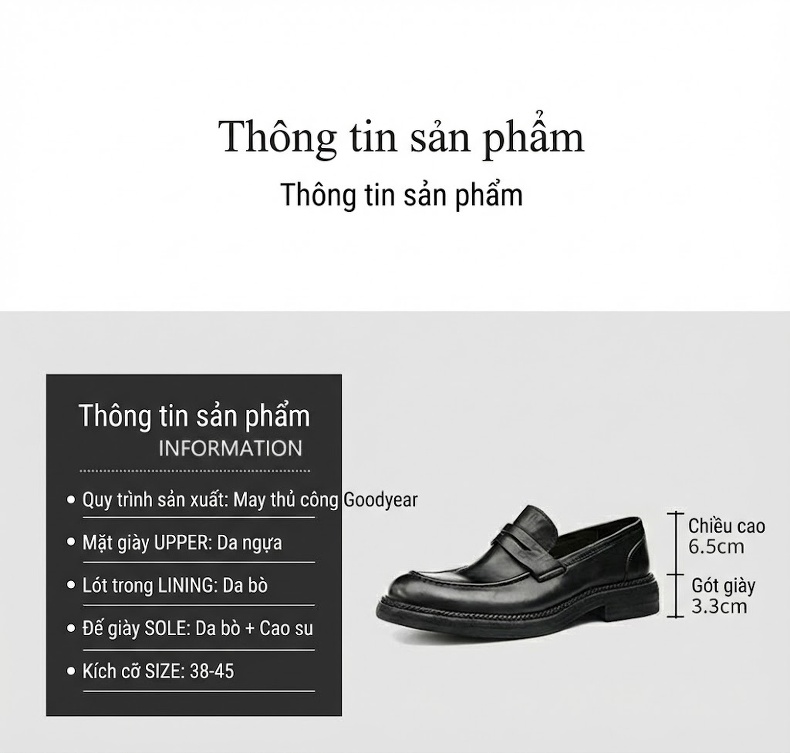 Giày Lười Nam Goodyear Da Ngựa Thật Phong Cách Anh Chiều Cao Đế Khoảng 3cm Màu Đen, Nâu Đỏ chi tiết 8