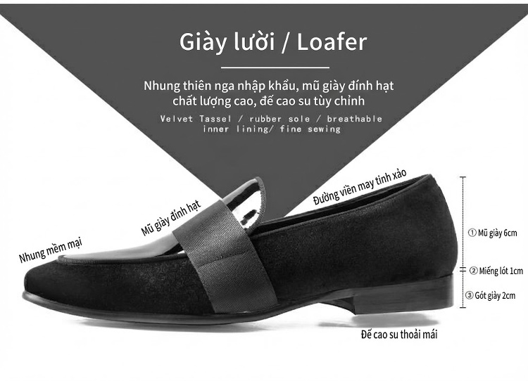 Giày Lười Nam Nhung và Da Bóng Chiều Cao Đế Khoảng 2cm Màu Đen chi tiết 2