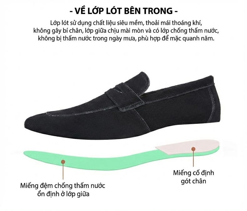Giày Lười Nam Nỉ Da Thật Chiều Cao Đế Khoảng 2cm Phong Cách Nhật Bản Màu Đen, Nâu chi tiết 4