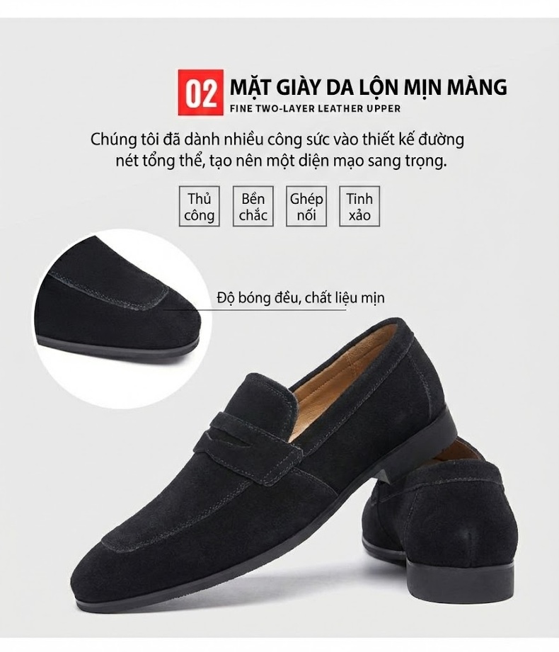 Giày Lười Nam Nỉ Da Thật Chiều Cao Đế Khoảng 2cm Phong Cách Nhật Bản Màu Đen, Nâu chi tiết 7