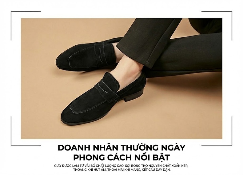 Giày Lười Nam Nỉ Da Thật Chiều Cao Đế Khoảng 2cm Phong Cách Nhật Bản Màu Đen, Nâu chi tiết 11