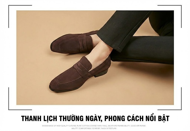Giày Lười Nam Nỉ Da Thật Chiều Cao Đế Khoảng 2cm Phong Cách Nhật Bản Màu Đen, Nâu chi tiết 13