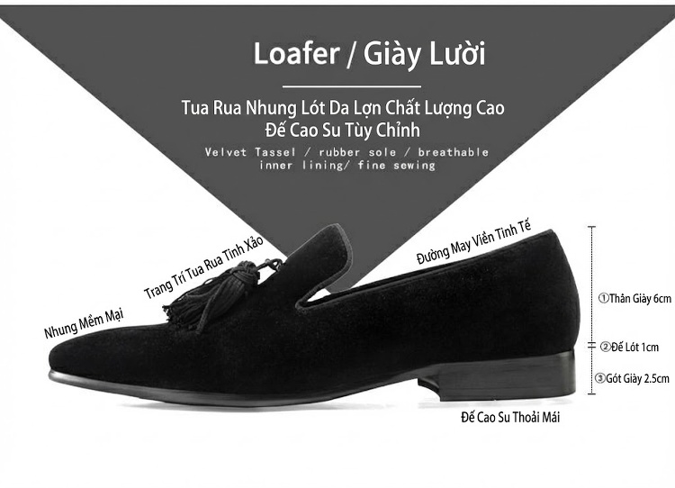 Giày Lười Nam Nỉ Mềm Mại Chiều Cao Đế Khoảng 2cm Màu Đen chi tiết 2