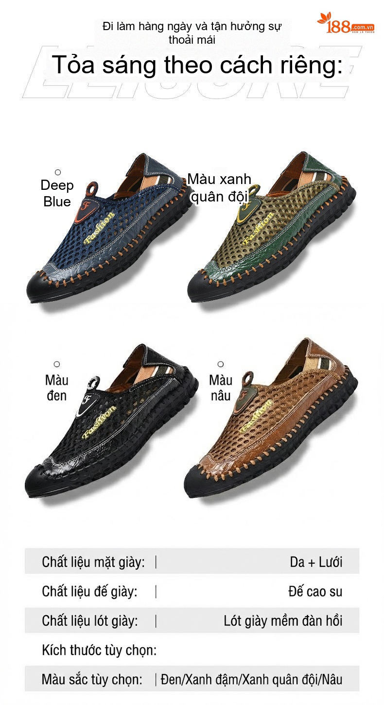 Giày Lười Nam Vải Lưới Thoáng Khí Chiều Cao Đế Khoảng 2cm Màu Xanh Navy, Xanh Rêu, Nâu, Đen... chi tiết 4