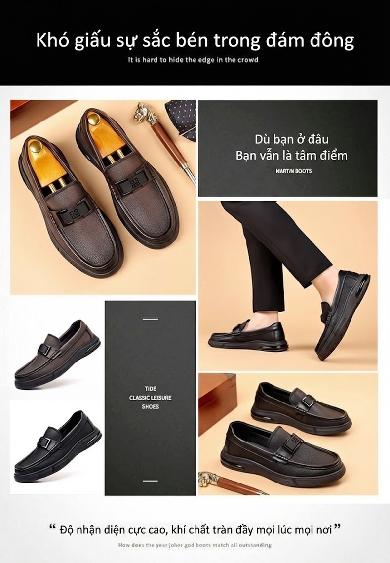 Giày Lười Nam Vân Cá Sấu Da Bò Chiều Cao Đế Khoảng 3cm Màu Đen, Nâu chi tiết 7