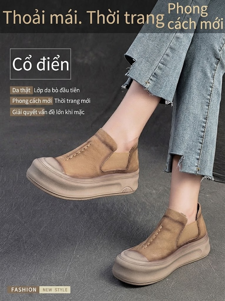 Giày Lười Nữ Cao Cổ Da Mờ Chiều Cao Đế Khoảng 4cm Màu Nâu, Kem chi tiết 1