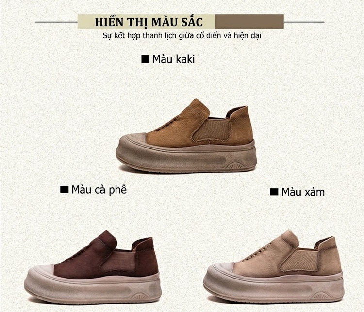 Giày Lười Nữ Cao Cổ Da Mờ Chiều Cao Đế Khoảng 4cm Màu Nâu, Kem chi tiết 2