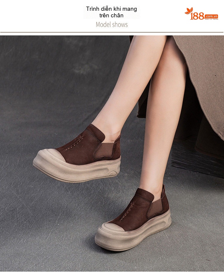 Giày Lười Nữ Cao Cổ Da Mờ Chiều Cao Đế Khoảng 4cm Màu Nâu, Kem chi tiết 7