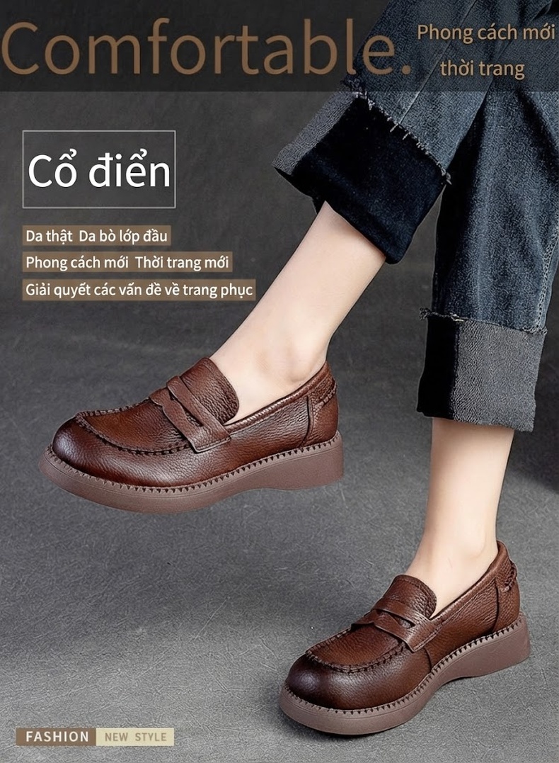 Giày Lười Nữ Da Bò Chiều Cao Đế Khoảng 3.5cm Màu Đen, Nâu chi tiết 1