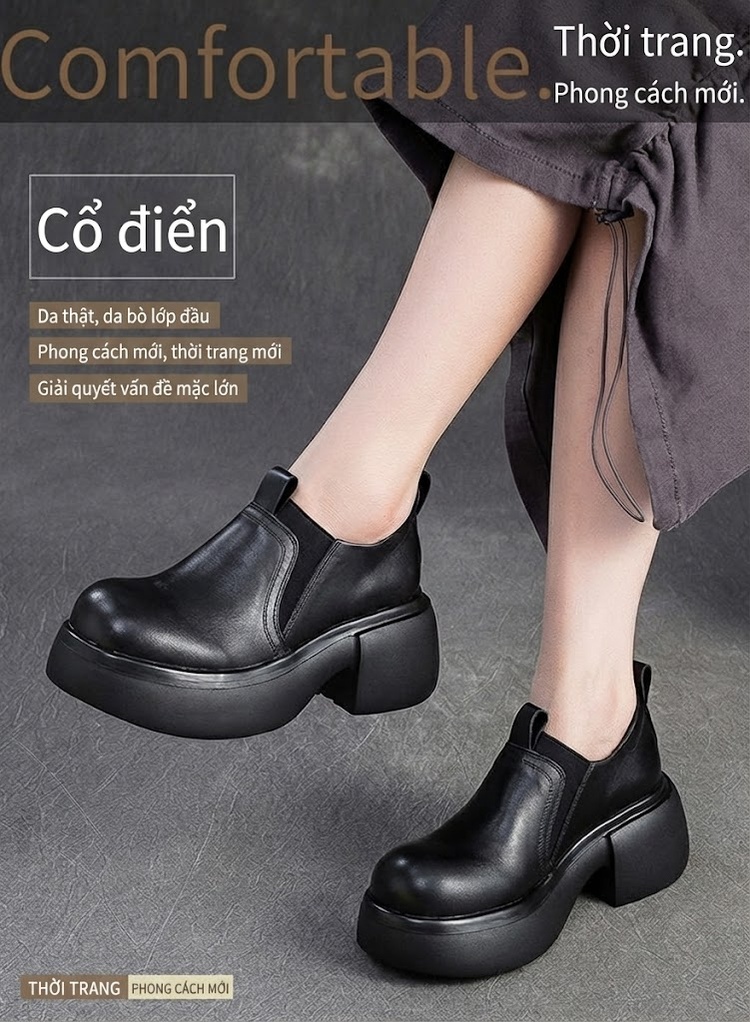 Giày Lười Nữ Da Bò Chiều Cao Đế Khoảng 6cm Phong Cách Pháp Màu Đen, Nâu chi tiết 2